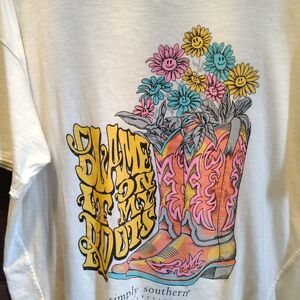 Simply Southern White Tee with Pink, Yellow & Teal Floral Cowboy Boot Graphic